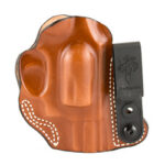 Brown leather handgun holster with a black belt clip attached