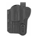 Black pistol holster with belt clip and retention screws, shown from the side