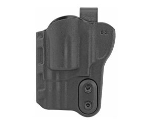 Black pistol holster with belt clip and retention screws, shown from the side