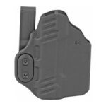 Gray polymer pistol holster with belt clip and tension screws.