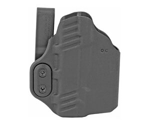 Gray polymer pistol holster with belt clip and tension screws.