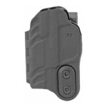 Gray polymer handgun holster with belt clip and two screws visible