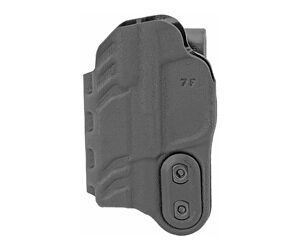 Gray polymer handgun holster with belt clip and two screws visible