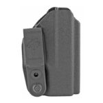 Gray pistol magazine inside a slim, gray holster with a belt clip for concealed carry