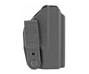 Gray pistol magazine inside a slim, gray holster with a belt clip for concealed carry
