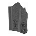 Side view of a gray polymer pistol holster with two retention screws and a cutout for a pistol grip