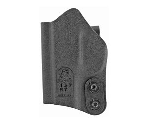 Side view of a gray polymer pistol holster with two retention screws and a cutout for a pistol grip