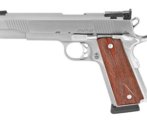 Side view of a silver semi-automatic pistol with a wooden grip and iron sights on a white background.