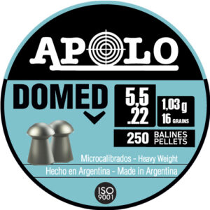 Circular label for Apolo Domed pellets: 5.5 mm, 1.03 g (16 grains) each, 250 pellets, made in Argentina; shows two illustrated pellets and ISO 9001 seal.