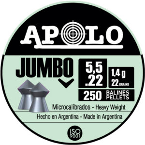 Apollo Jumbo 5.5/.22 heavy-weight pellets, 250 pieces; microcalibrated - Hecho en Argentina; image shows two pellets