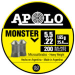 Label for APOLO Monster heavy-weight air rifle pellets: 5.5 mm (.22), 200 pellets, Made in Argentina, ISO 9001