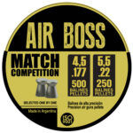Circular Air Boss Match Competition label with black and gold design, listing 4.5 (.177) and 5.5 pellets, 500 and 250 pellets options, and notes 'Made in Argentina' and ISO 9001
