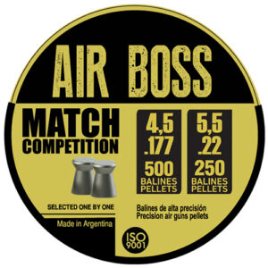 Circular Air Boss Match Competition label with black and gold design, listing 4.5 (.177) and 5.5 pellets, 500 and 250 pellets options, and notes 'Made in Argentina' and ISO 9001