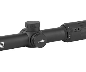 Black riflescope with elevation turret and magnification dial, lens caps visible; used for precision aiming in shooting.