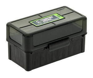 Black plastic toolbox with a latch and a green label on the lid