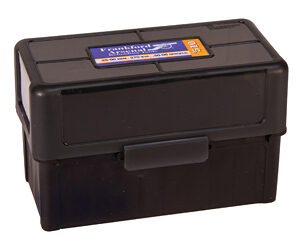 Black plastic storage box with a latch, rectangular and compact, with a label on the lid.