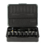 Open black plastic tool case with a full row of sockets arranged inside the lid and base, illustrating a socket wrench set ready for use.