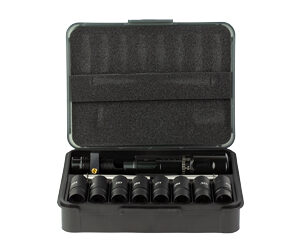 Open black plastic tool case with a full row of sockets arranged inside the lid and base, illustrating a socket wrench set ready for use.