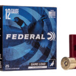 Box of Federal 12-gauge Game Load shotgun shells with two red shells beside it; front of box shows 'FEDERAL' and '12 GAUGE' with blue design and a bird image, indicating a 25-shot shell box.