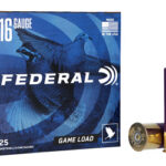 Box of Federal 16 gauge Game Load shotgun shells with a blue design, shown with two purple and brass shells beside it.