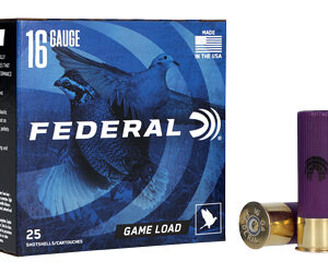 Box of Federal 16 gauge Game Load shotgun shells with a blue design, shown with two purple and brass shells beside it.