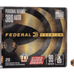 Federal Premium Hydra-Shok Deep .380 Auto personal defense ammo box (20 cartridges) with a single bullet to the right.