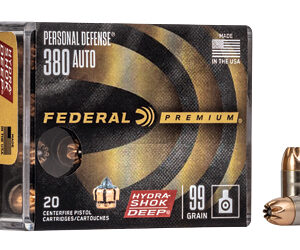 Federal Premium Hydra-Shok Deep .380 Auto personal defense ammo box (20 cartridges) with a single bullet to the right.