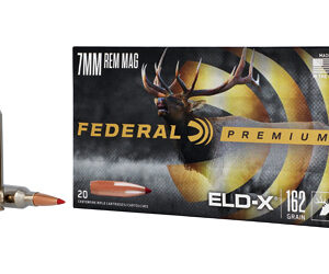 Two rifle bullets next to a Federal Premium 7mm Rem Mag ELD-X 180 grain ammunition box.