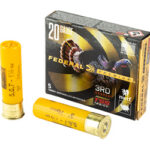 Two yellow 20-gauge shotgun shells beside a Federal ammunition box showing 20 gauge on the packaging.