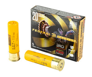 Two yellow 20-gauge shotgun shells beside a Federal ammunition box showing 20 gauge on the packaging.