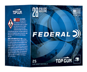 Box of Federal Top Gun 28 gauge shotgun shells, blue design, 25 rounds.