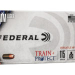 Federal Train+Protect Versatile HP 9mm Luger ammunition box with two copper cartridges beside it.