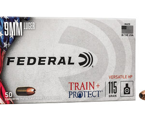 Federal Train+Protect Versatile HP 9mm Luger ammunition box with two copper cartridges beside it.