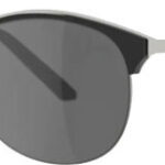 Black sunglasses with round gray lenses and silver arms across a white background.