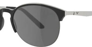 Black sunglasses with round gray lenses and silver arms across a white background.