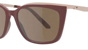 Brown sunglasses with wide rectangular gradient lenses and tan arms, featuring a small logo on the temple.