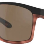 Sunglasses with brown translucent frames, dark tinted lenses, and a small logo on the temple.
