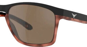 Sunglasses with brown translucent frames, dark tinted lenses, and a small logo on the temple.