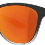 Black-framed sunglasses with orange mirrored lenses and a small logo on the temple.