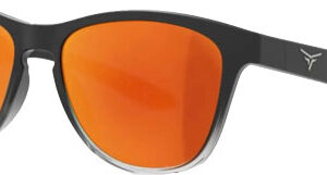 Black-framed sunglasses with orange mirrored lenses and a small logo on the temple.