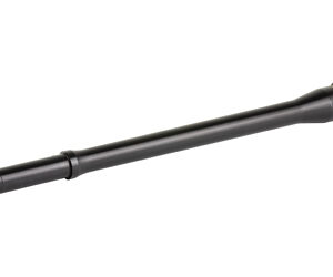 Long black firearm barrel extension with threaded ends on a white background.