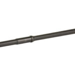 Long black firearm suppressor attached to a barrel, with a gold-colored cap at the far end.