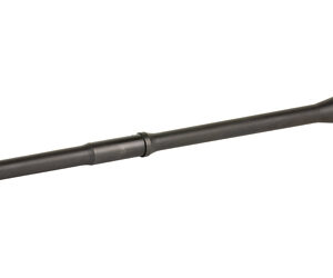 Long black firearm suppressor attached to a barrel, with a gold-colored cap at the far end.
