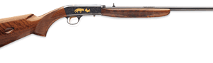 Bolt-action rifle with wooden stock and metal barrel shown on white background.