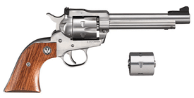 Single-action revolver with a wooden grip and long barrel, shown beside a detachable speedloader.