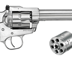 Side view of a silver revolver handgun with a wooden grip and a detached cylinder beside it.