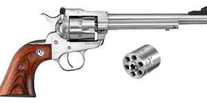 Side view of a silver revolver handgun with a wooden grip and a detached cylinder beside it.