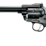 Black single-action revolver pistol with a long barrel and textured grip viewed from the side