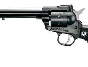 Black single-action revolver pistol with a long barrel and textured grip viewed from the side