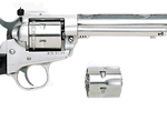 Silver long-barrel revolver with a black grip, shown with a detachable metal accessory on a white background.